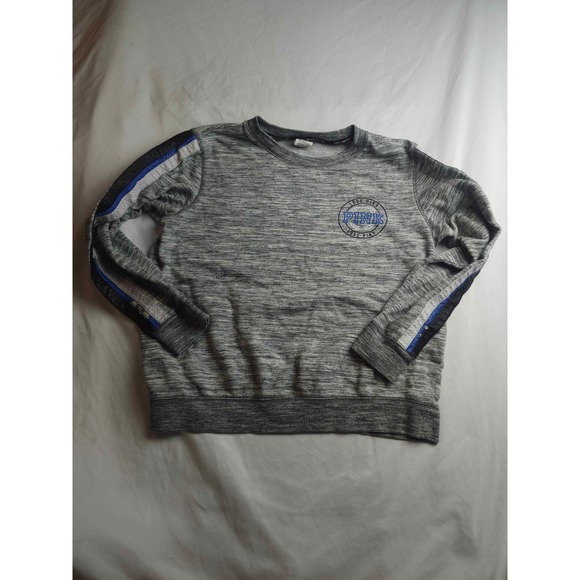 PINK Victoria's Secret Tops - Pink Victoria's Secret Gray Marl Crewneck Sweatshirt Blue Sleeve Stripe Small